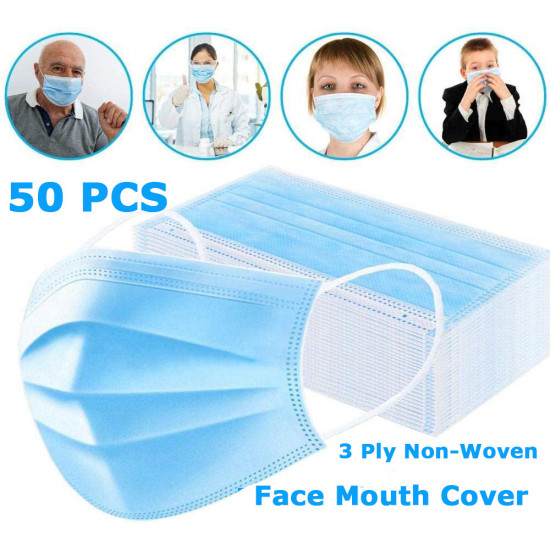 50 pieces Disposable Face masK 3 Ply Polyester with Ear Loop 100%